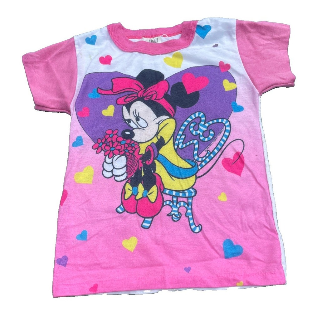 Vintage Minnie Mouse Girls's Short Sleeve Shirt size 5/6 Made USA Hearts Flowers